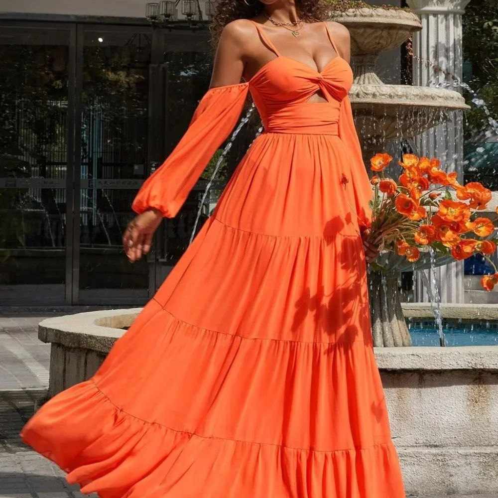 TANGERINE CUT OUT COLD SHOULDER LAYER MAXI DRESS - Picture 1 of 7